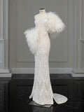 Vintage Mermaid Strapless White Lace Long Wedding Dresses With Ruffles HZ1024