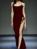 Vintage Sheath Strapless Burgundy Slit Long Length Prom Dresses Birthday Outfits HZ1024