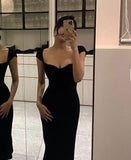 Sexy Sheath Sweetheart Cap Sleeves Black Prom Dresses Birthday Outfits HZ1024