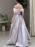 Elegant A line Off The Shoulder Satin Floral Evening Dress Long Prom Dresses HZ1024