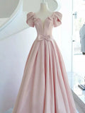 Elegant A line Square Neckline Satin Short Sleeves Pink Evening Dress Long Prom Dresses HZ1024
