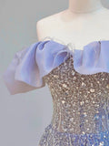 Elegant Ball Gown Off The Shoulder Lilac Short Sleeves Sequin Evening Dress Long Prom Dresses HZ1024