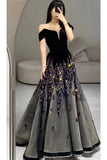 Elegant Ball Gown Off The Shoulder Black Short Sleeves Sequin Evening Dress Long Prom Dresses HZ1024