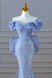 Elegant Mermaid Off The Shoulder Blue Short Sleeves Sequin Evening Dress Long Prom Dresses HZ1024
