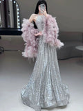 Gorgeous A Line High Neckline Silver Sequin Long Evening Dress Prom Dresses Birthday Outfits HZ1024