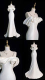Elegant Mermaid Off The Shoulder Satin Pearls Long White Wedding Dresses HZ1024