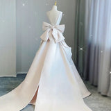 Chic Ball Gown V neckline Sleeveless Ivory Satin Long Wedding Dresses With Bow HZ1024