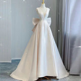 Chic Ball Gown V neckline Sleeveless Ivory Satin Long Wedding Dresses With Bow HZ1024