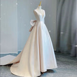 Chic Ball Gown V neckline Sleeveless Ivory Satin Long Wedding Dresses With Bow HZ1024