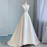 Chic Ball Gown V neckline Sleeveless Ivory Satin Long Wedding Dresses With Bow HZ1024