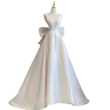 Chic Ball Gown V neckline Sleeveless Ivory Satin Long Wedding Dresses With Bow HZ1024