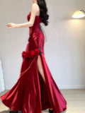 Vintage Mermaid One Shoulder Burgundy Satin Long Floor Length Prom Dresses HZ1024
