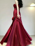Vintage Mermaid One Shoulder Burgundy Satin Long Floor Length Prom Dresses HZ1024
