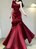 Vintage Mermaid One Shoulder Burgundy Satin Long Floor Length Prom Dresses HZ1024