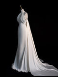 Elegant Mermaid High Neckline Satin Long White Wedding Dresses HZ1024