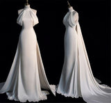 Elegant Mermaid High Neckline Satin Long White Wedding Dresses HZ1024