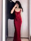 Vintage Mermaid Spaghetti Straps Burgundy Satin Long Floor Length Prom Dresses HZ1024