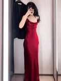 Vintage Mermaid Spaghetti Straps Burgundy Satin Long Floor Length Prom Dresses HZ1024