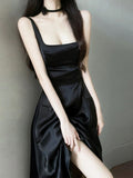 Elegant A Line Square Neckline Black Satin Prom Dress Birthday Outfits With Pockets HZ1024