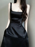 Elegant A Line Square Neckline Black Satin Prom Dress Birthday Outfits With Pockets HZ1024