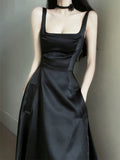 Elegant A Line Square Neckline Black Satin Prom Dress Birthday Outfits With Pockets HZ1024