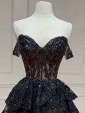 A-Line Sequin Tulle Short Prom Dress Black Homecoming Dress HZ1024