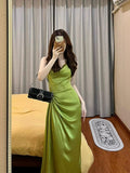 Pretty Sheath Spaghetti Straps Green Satin Long Evening Dress Prom Dresses With Ruffles HZ1024