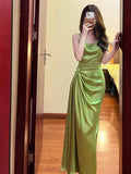 Pretty Sheath Spaghetti Straps Green Satin Long Evening Dress Prom Dresses With Ruffles HZ1024