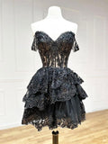 A-Line Sequin Tulle Short Prom Dress Black Homecoming Dress HZ1024