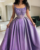 Pretty Ball Gown Straps Neckline Lilac Satin Evening Dress Prom Dresses With Beads HZ1024