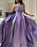 Pretty Ball Gown Straps Neckline Lilac Satin Evening Dress Prom Dresses With Beads HZ1024