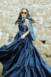 Pretty A Line Straps Navy Blue Long Satin Evening Dress Prom Dresses With Ruffles HZ1024
