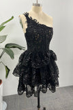 One Shoulder Sequined Appliqued Sheer Tulle A-Line Homecoming Dress HZ1024