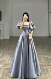 Sexy A line Square Neckline Short Sleeves Silver Satin Prom Dresses Party Evening Dress HZ1024
