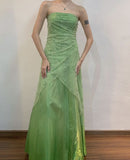Pretty A Line Strapless Green Tulle Ruffles Long Prom Dress Evening Dresses HZ1024
