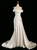 Classy Mermaid Off The Shoulder Ivory Satin Wedding Dresses With Ruffles HZ1024