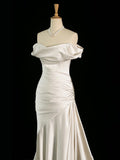 Classy Mermaid Off The Shoulder Ivory Satin Wedding Dresses With Ruffles HZ1024