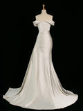Classy Mermaid Off The Shoulder Ivory Satin Wedding Dresses With Ruffles HZ1024