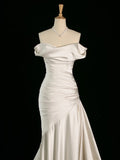 Classy Mermaid Off The Shoulder Ivory Satin Wedding Dresses With Ruffles HZ1024
