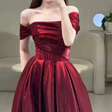 Pretty A line Off The Shoulder Burgundy Satin Long Prom Dresses Party Evening Dress HZ1024