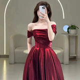 Pretty A line Off The Shoulder Burgundy Satin Long Prom Dresses Party Evening Dress HZ1024