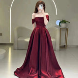 Pretty A line Off The Shoulder Burgundy Satin Long Prom Dresses Party Evening Dress HZ1024
