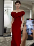 Sexy Mermaid Off The Shoulder Satin Long Burgundy Prom Dress HZ1024