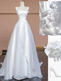 Chic A Line Strapless White Long Wedding Dresses With Ruffles HZ1024