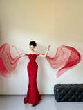 Unique Red Mermaid Off The Shoulder Satin Tulle Applique Long Prom Dresses HZ1024