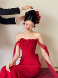 Unique Red Mermaid Off The Shoulder Satin Tulle Applique Long Prom Dresses HZ1024