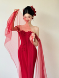 Unique Red Mermaid Off The Shoulder Satin Tulle Applique Long Prom Dresses HZ1024