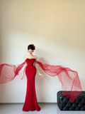 Unique Red Mermaid Off The Shoulder Satin Tulle Applique Long Prom Dresses HZ1024