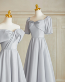 Classy A Line Silver Gray Satin Long Bridesmaid Dress HZ1024