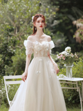 Fairy A Line Light Ivory Off The Shoulder Tulle Applique Long Bridesmaid Dress HZ1024